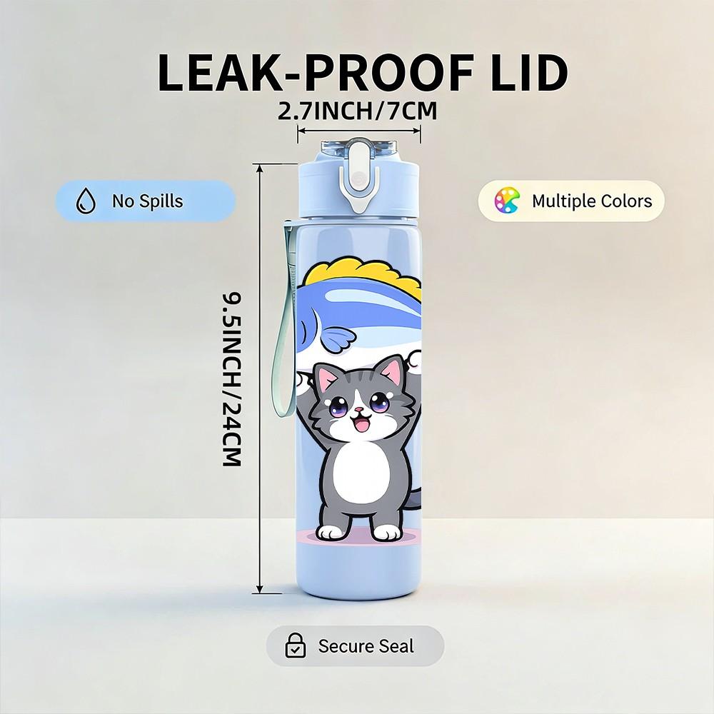 1PC Cat Catching Fish Cartoon 750ml Color Plastic Sports Water Bottle Leakproof Flip Straw Lid Suitable for Sports Office Home Use