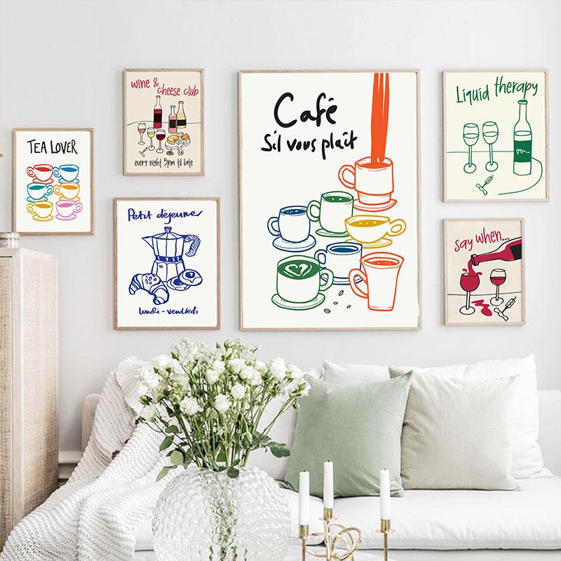 Red Hand Drawn Dining With Wine And Crab Coffee Modern Food Wall Art Canvas Painting Abstract Poster Hotel Bar For Kitchen Decor