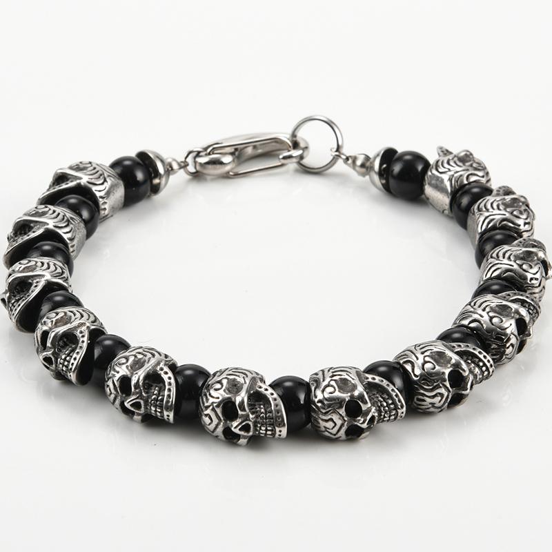 

Винтажный браслет из нержавеющей стали с черепом, мужской, 8 мм, натуральный камень тигровый глаз, мужские браслеты с бусинами, хип-хоп, панк-рок, ювелирные изделия для лучших друзей 21CM