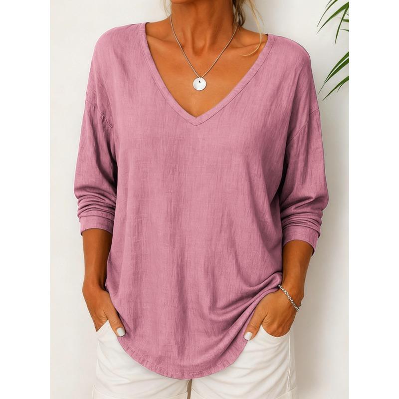 Frühling Herbst Vintage V-Ausschnitt Einfach All-Match Pullover T-Shirt Damen Langarm Locker Lässig Mode T-Shirt Top