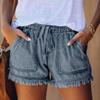 Leee Womens Pocket Jeans Denim Pants Female Tassel Bandage Bottom Casual Shorts