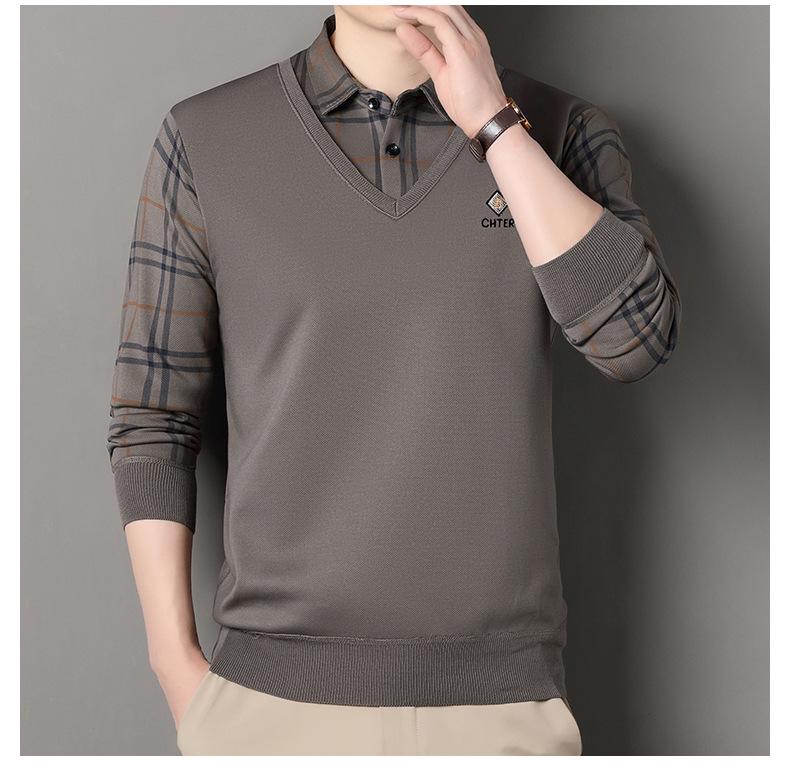 Men's Fleece-Lined Two-Piece Shirt Collar Knitted Sweater - Autumn/Winter Warm Base Layer