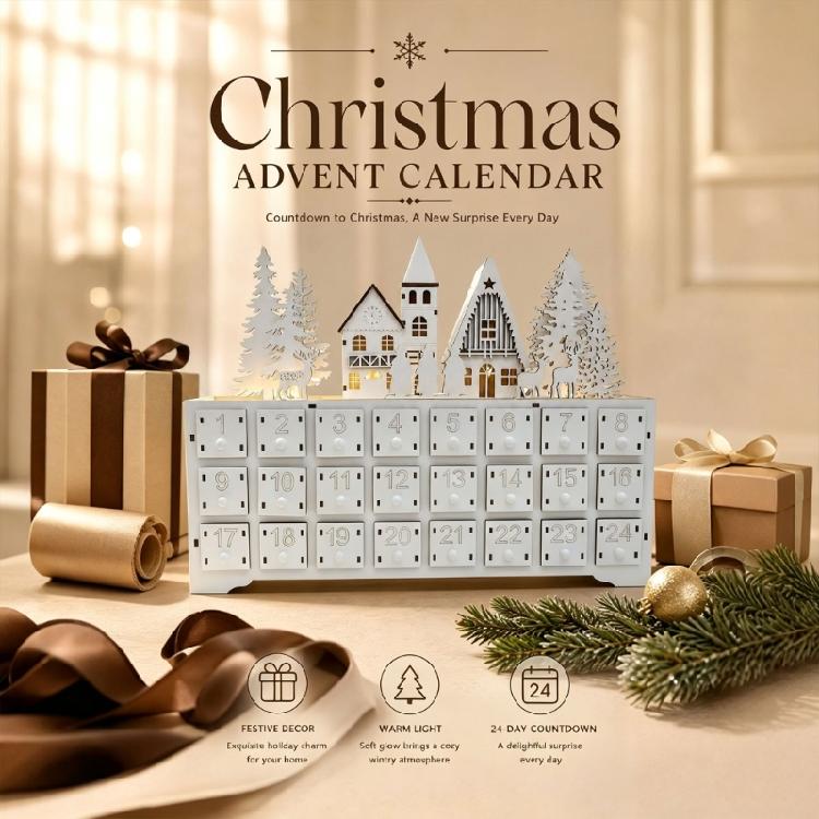 24 Drawer Wooden Advent Calendar In Christmas Village Style, Lighted Indoor Piece for Shelf Display and Daily Seasonal Tradition
