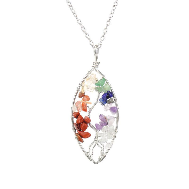 Hand-Wrapped Silver Natural Gravel Tree Of Life Necklace, Curved Crystal Lucky Tree Leaf Necklace N04