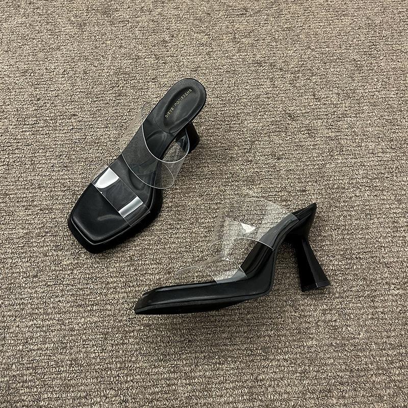 Fashion Women's Fashion Summer New High Heel Shoes Sexy Square Head Transparent PVC Strap Slippers Rubber Sole Sandalias De Mujer Size39