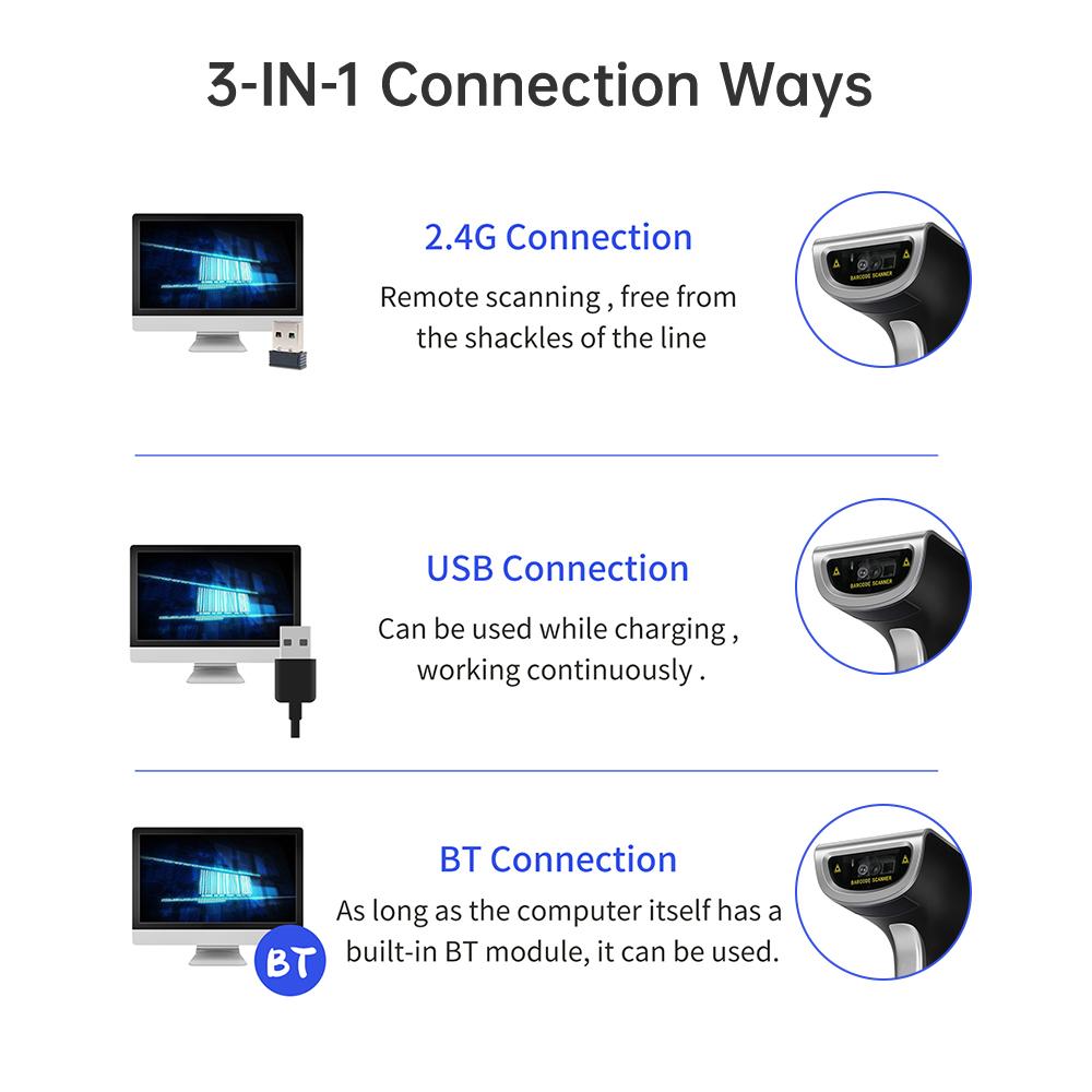 Wireless QR 2D Barcode Scanner with Cradle Handheld USB Wired Bar Code Reader Support Paper and Screen Compatible with