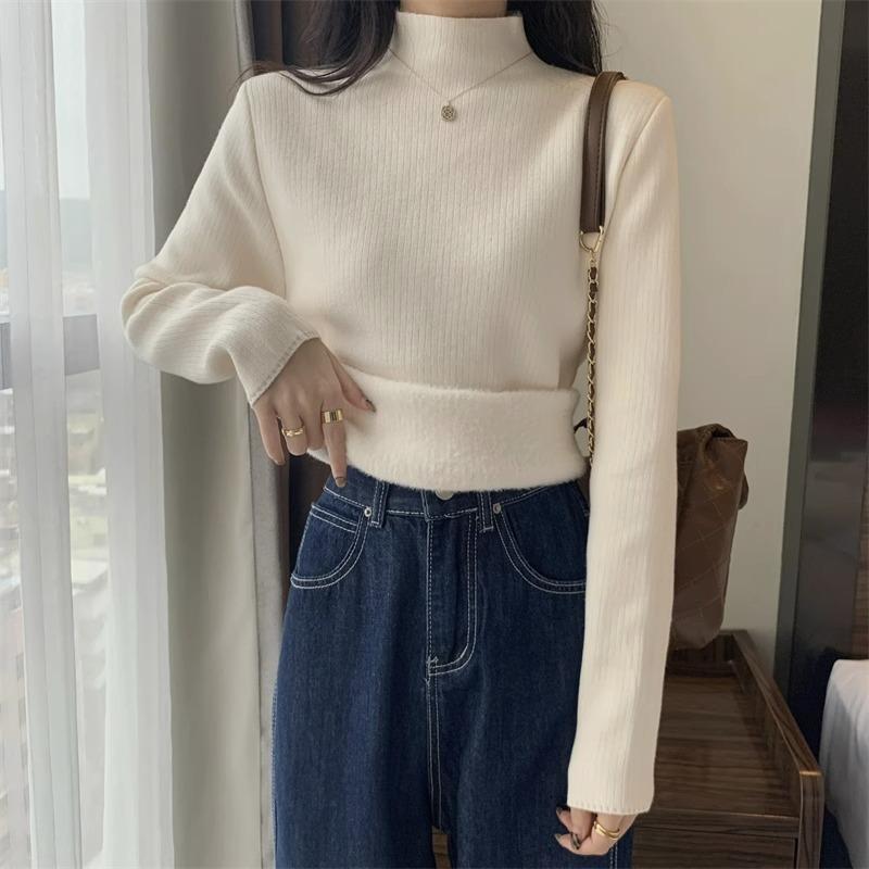 Pullover Autumn and Winter Sweater Women's Fleece Thickened Integrated Fleece with Semi-turtleneck Pullover Bottoming Knitted Sweater Thermal Top