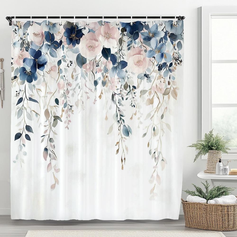 Watercolor Bohemian Floral Shower Curtain, Blue Floral, Waterproof Bathroom Curtain, Decorative Fabric Home Curtain With Hooks