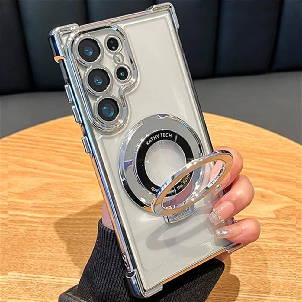 For Magsafe Plating Magnetic Plating Stand Phone Case For Samsung Galaxy S25 S24 S23 S22 Ultra S21 Plus S20 FE Clear Cover Case