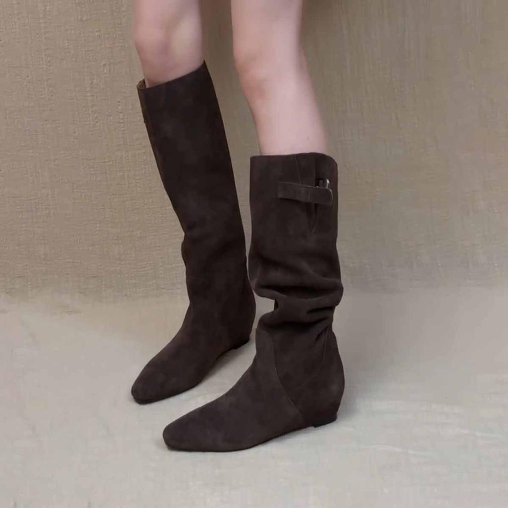 Retro Brown Inner Height Increase Matte Leather Knight Boots Women's 2025 New Belt Buckle But Knee Folds Two Wear Boots