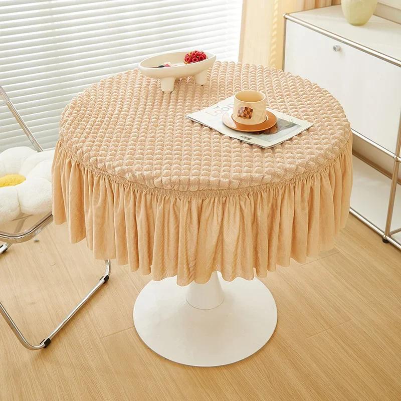 Round Bubble Gauze Tablecloth Seersucker Solid Color Elastic Table Skirt Modern Simple Style Home Decoration Dining Table Cover