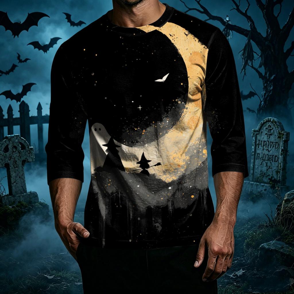 Men's Casual Halloween Graphic Crew Neck T-Shirt Three Quarter Sleeve Top Printed Design Comfortable Fit