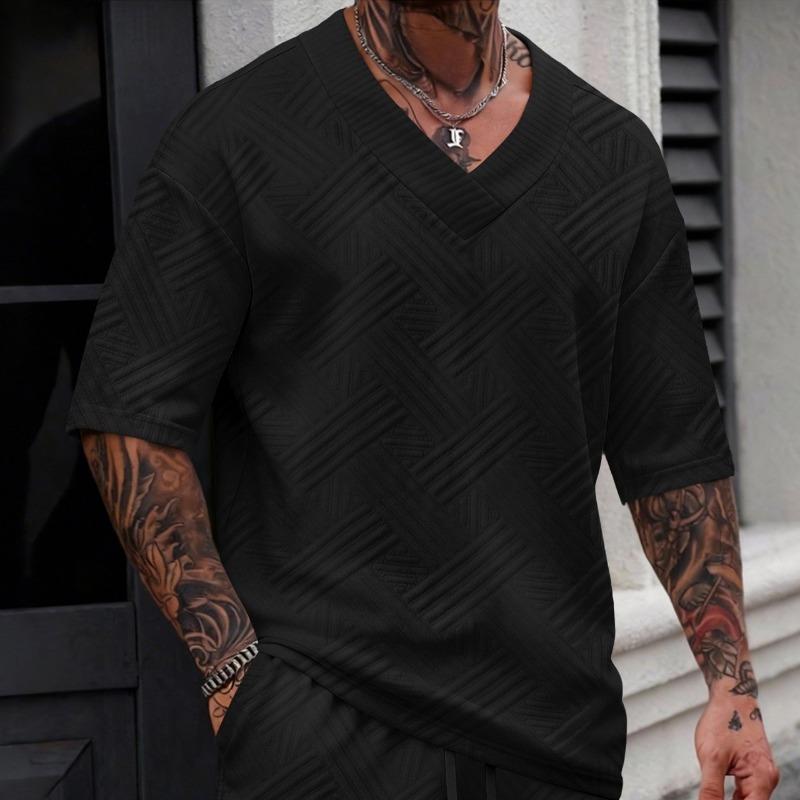 New Spring Summer Men's V-Neck Jacquard Sweater All-Match Breathable Soft Casual Comfort Knit Top