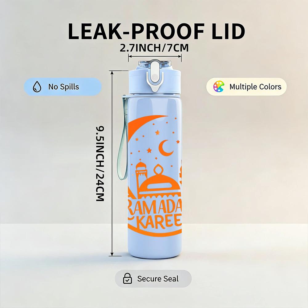 1PC Ramadan Orange Crescent Moon Print 750ml Color Plastic Water Bottle Leakproof Flip Straw Lid For Sports Office Home Use