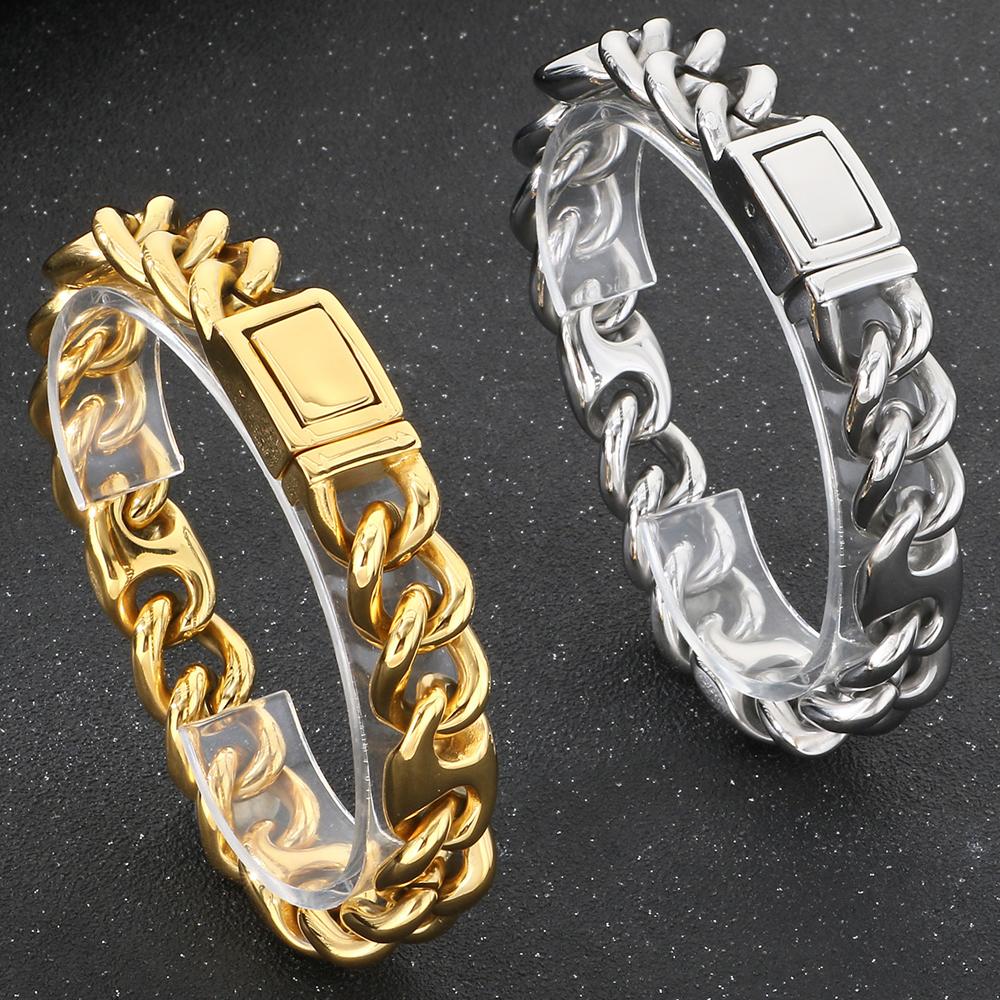 Bracelet Cool pour Homme 15MM de Large Acier Inoxydable Chaîne Cubaine Bracelets pour Homme Luxe Couleur Or Bijoux Cadeaux pour Lui Papa