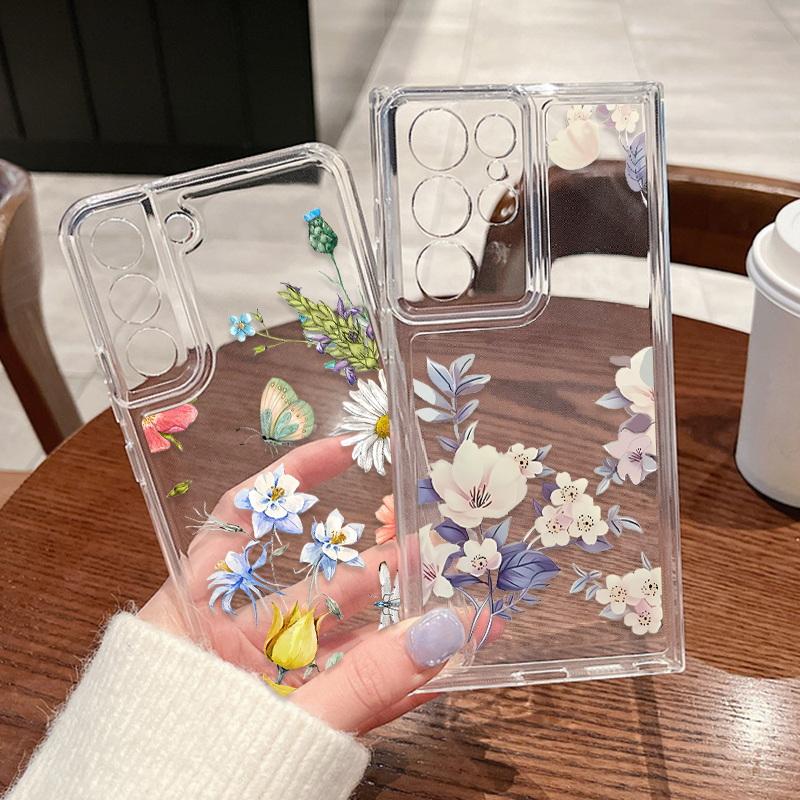 Clear Phone Cover All Inclusive Floral Case For Iphone 16 15 Plus 14 13 12 Mini 11 Xs Xr 7 Samsung S24+ S23 A54 Silicone Soft Butterflies Print Cover