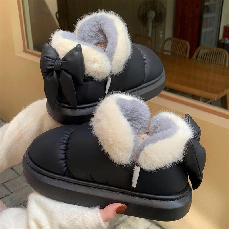 Bow Knot Short Ankle Snow Boots Women Winter Plush And Thick Insulation Waterproof Cotton Household Shoes Home Slipper Women