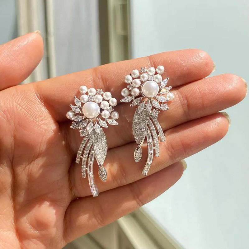 Elegant Floral Drop Earrings With Imitation Pearl Zircon Accents Long Tassel Design Women Gold Tone Copper Jewelry