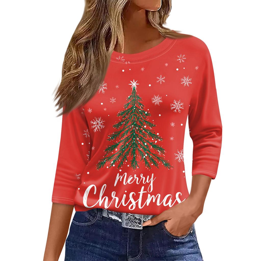 Top de damă cu decolteu O cu mâneci 3/4 cu imprimeu de Crăciun