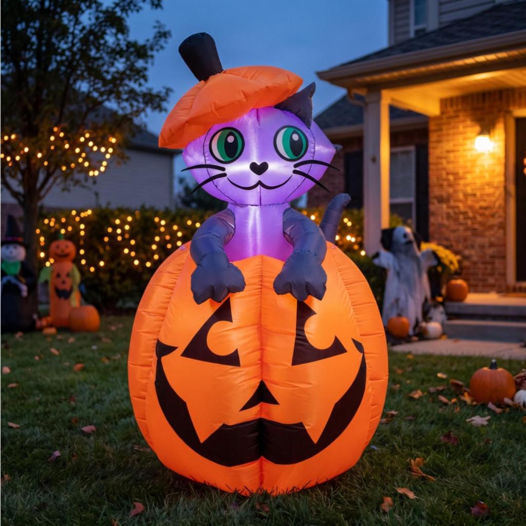 Cat In Pumpkin Outdoor Inflatable with Cute Halloween Yard Decoration for