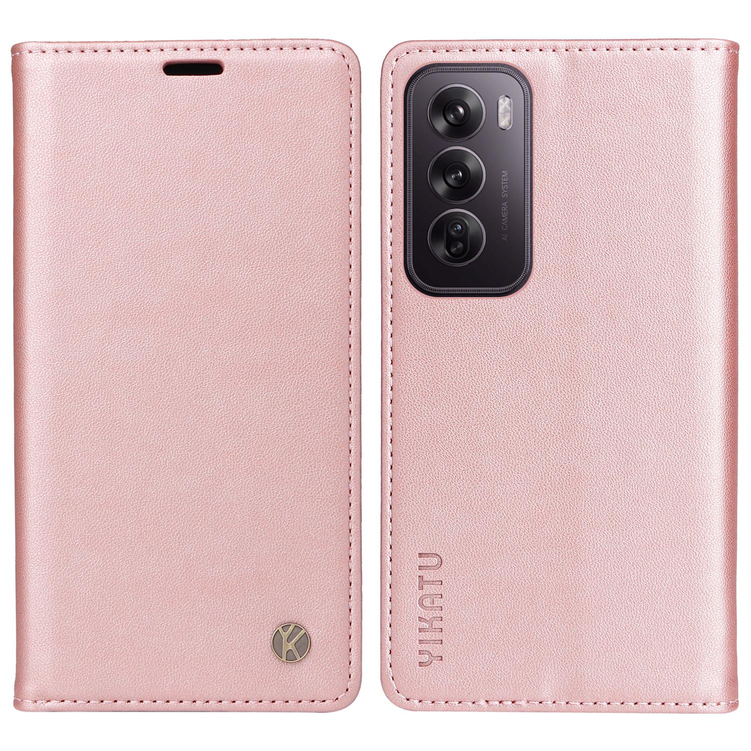 

YIKATU YK-001 For Oppo Reno12 5G (Global) Case Wallet Leather Phone Cover Folio Strong Magnetic Closure Rose Gold