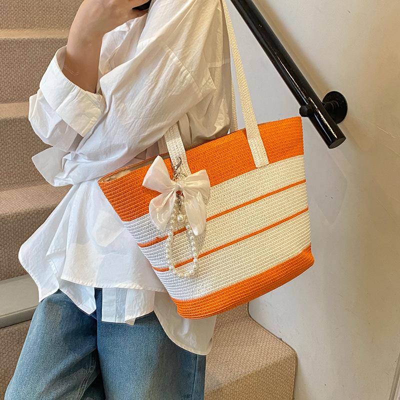 Striped large-capacity straw bag women's new summer woven shoulder bag seaside vacation beach bag