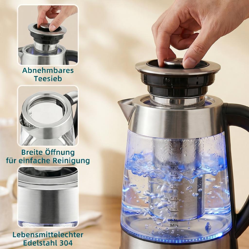Electric Kettle, 1,7L Fast-Boiling 2200W Kettle with UK Strix Thermostat, Tea Filter, Keep-Warm Function