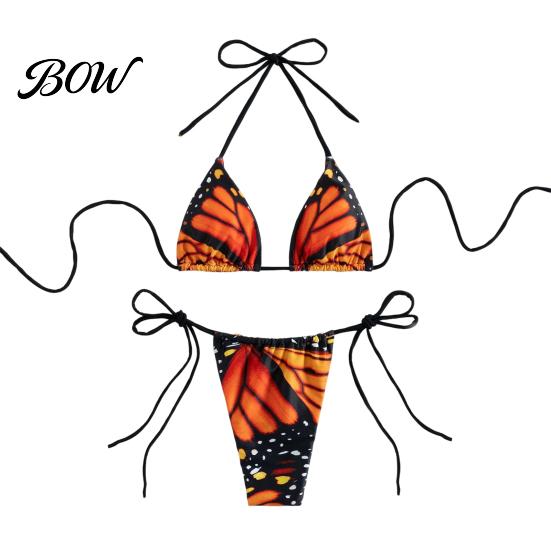 Halter Top Bikini Women Butterfly Print Set, Tie & Side Thong, Beachwear Two Piece Triangle Swimsuit, Sexy Beach Bathing Suit for Summer Breathable