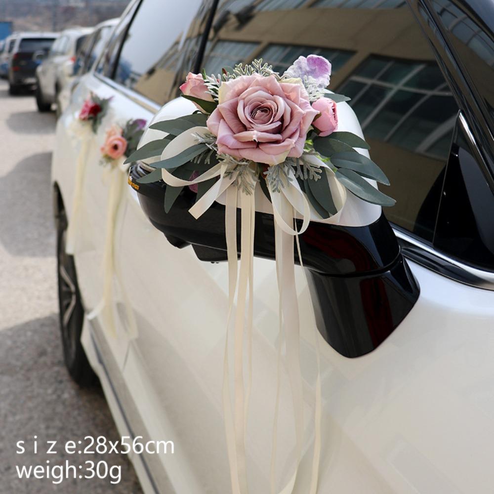 Ribbon Car Door Handle Mirror Flowers Romantic Artificial Roses  Ceremony Party Decor