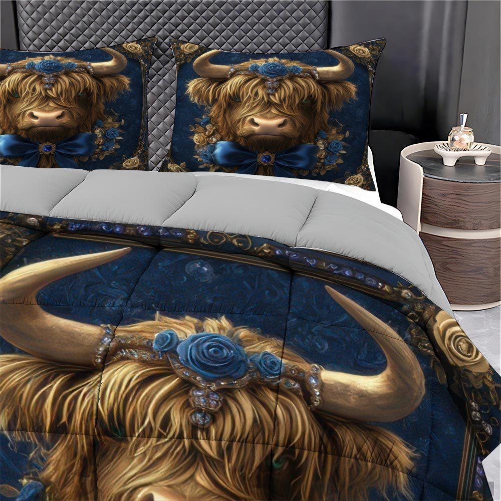 3 Pcs Highland Cow with Roses Quilt Set thick blanket Set Elegant and Festive Comforter Bedding Set 1 Quilt + 2 Pillowcases