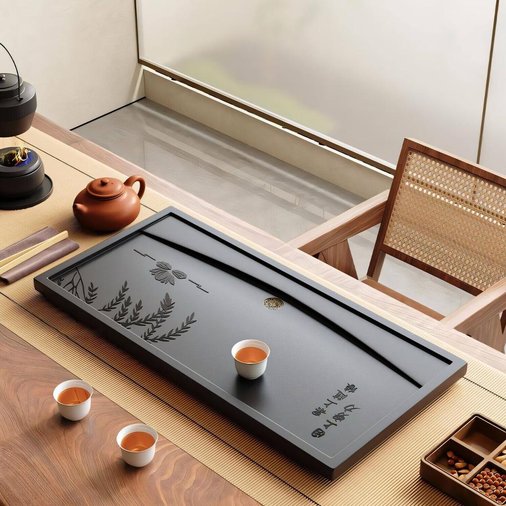 Synthetic King Black Stone Tea Tray Simple Modern Style Living Room Office Home Use Drainage Tea Set Tray Rectangular Shape