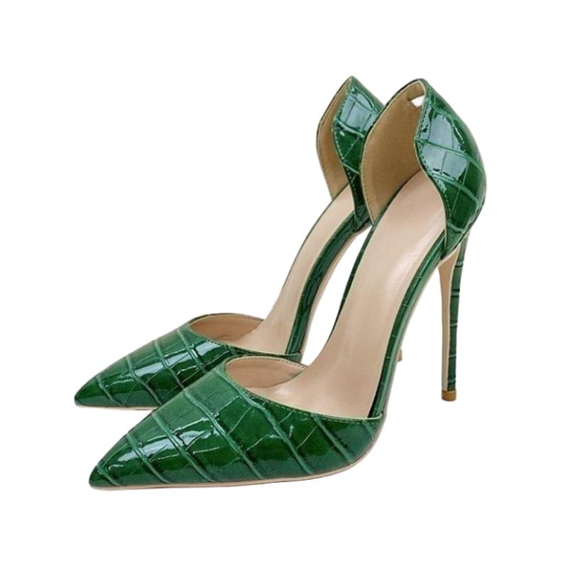 Nuove Décolleté Celebrity con Fantasia Coccodrillo Verde 12CM Tacco Sottile a Punta, Sandali Party Traforati, Scarpe Eleganti per Banchetto