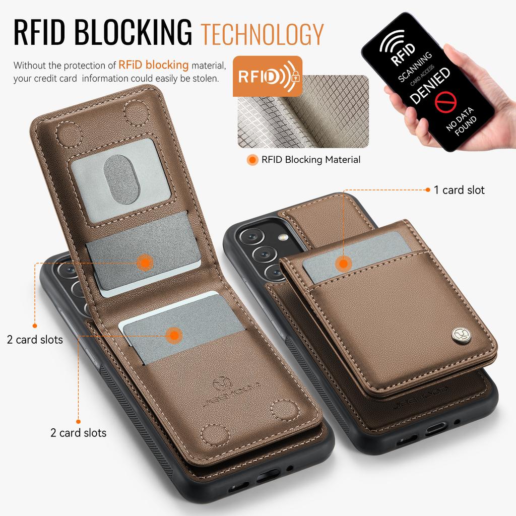 For Samsung Galaxy A34 5G Leather Back Cover Compatible with MagSafe JEEHOOD J06 Phone Case with Card Bag RFID Blocking