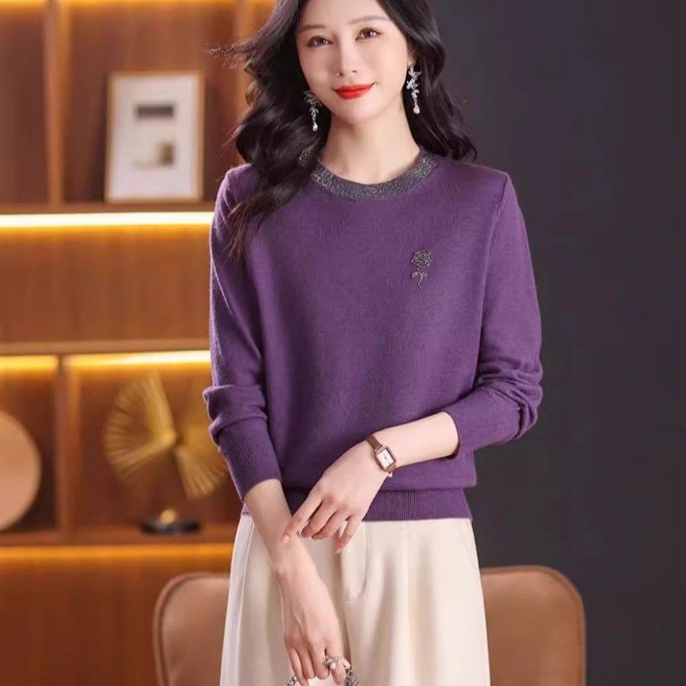Women's Crew Neck Knit Sweater Spring and Autumn Loose Thin Knit Pullover Rhinestone Soft Knit Top