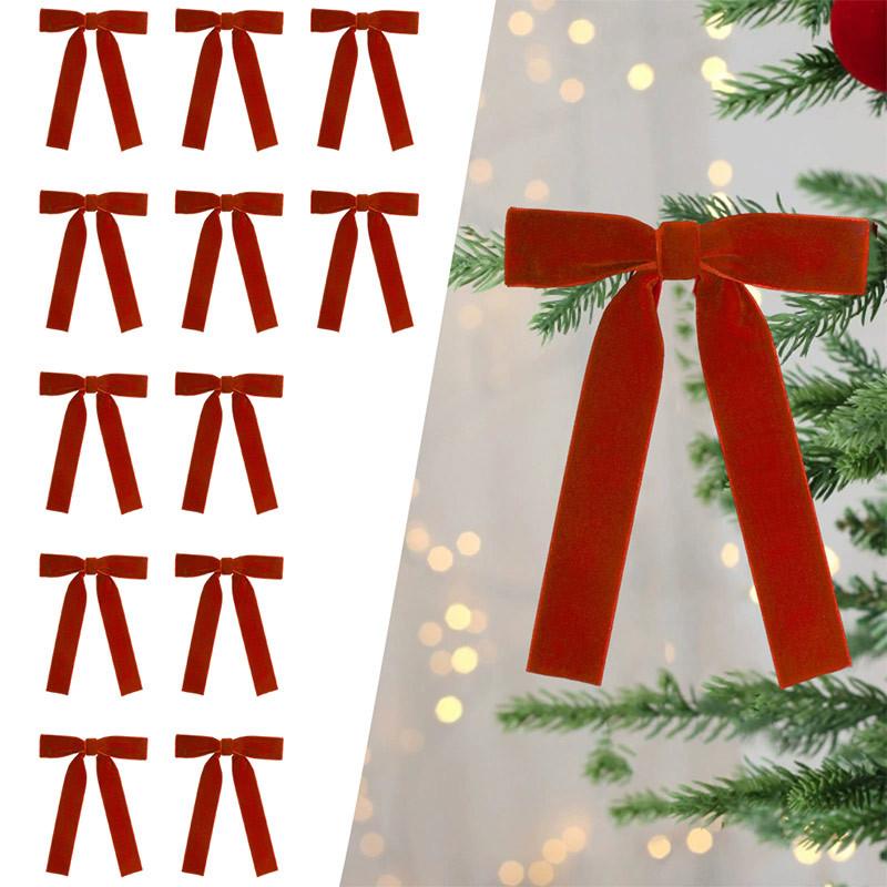 24pcs Slender Velvet Christmas Bows Vintage DIY Christmas Tree Ribbon Bow with Cable Tie Gift Wrapping Bows Wedding Decorations