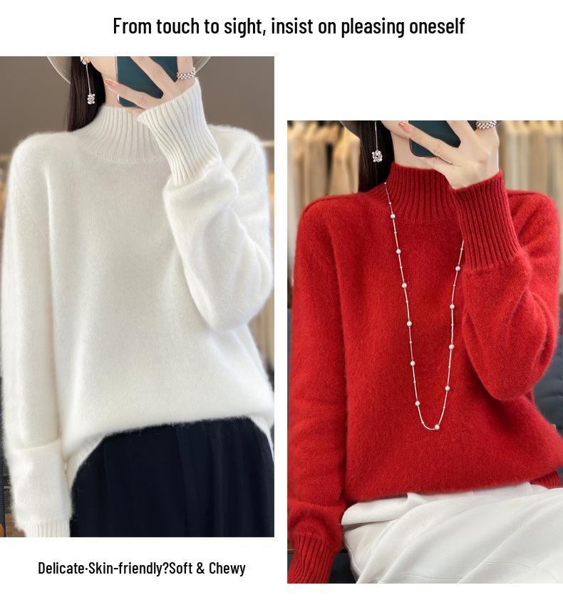 2025 Autumn/Winter Women's Thick Pure Wool Half-High Collar Knit Sweater