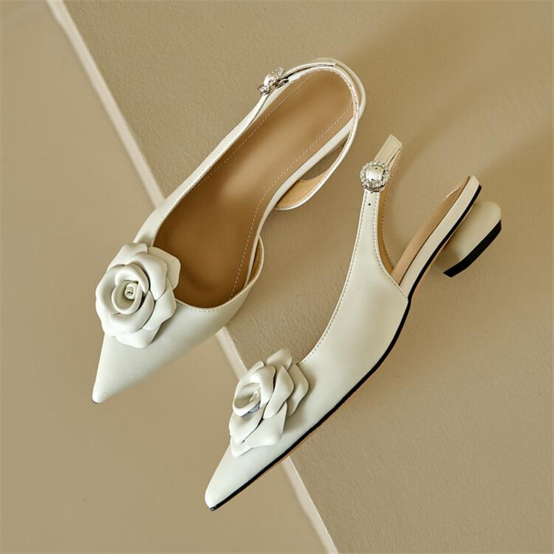 Fashion New Sheepskin Summer Sandals Pointed Toe Chunky Heels Sandals for Women Zapatos Mujer Cover Toe Camellia Sandals Ladies Shoes