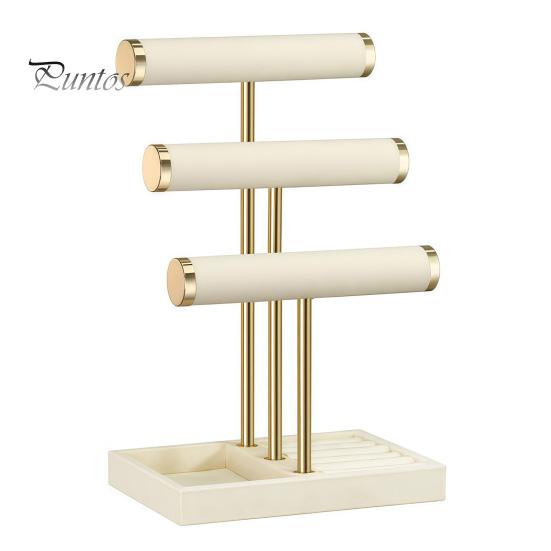 Multi-purpose Storage Rack 3 Tier Velvet Jewelry Organizer, T-shaped Holder for Bracelet, Necklaces Rings, & Earrings, Stand with Tray Countertop