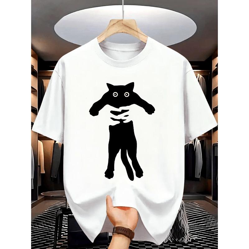 European sizes Men's Black Cat Print T-Shirt - White with Black Cat Design, Relaxed Fit Short Sleeve Crew Neck