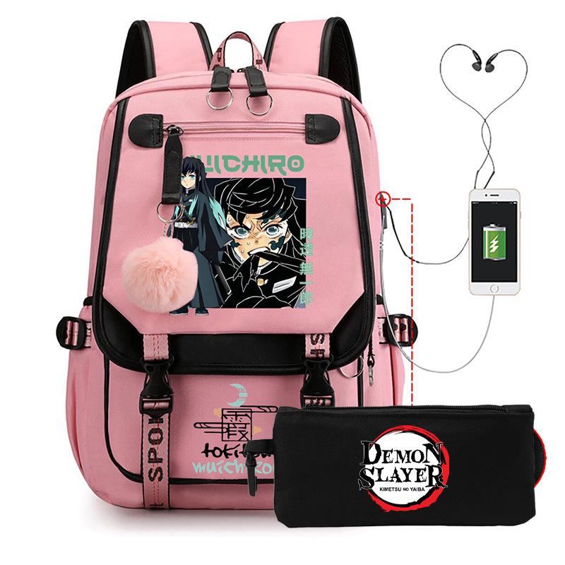 Casual Korean version schoolbag ghost extermination animation two-dimensional trend boys and girls USB backpack two-piece set