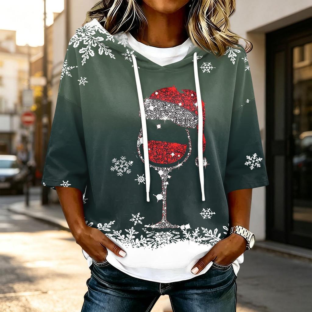 Women's Casual 3/4 Sleeve Hooded Christmas T-Shirt for Holiday Parties and Everyday Wear