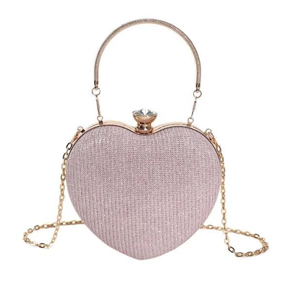 Borsa da sera con pochette, borsa da donna, borsa a mano lucida, a forma di cuore, in metallo, borsa a tracolla con catena alla moda, borsa di lusso da donna.