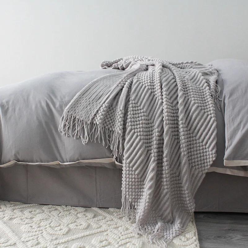 Nordic Knitted Throw Blanket - Grey & Khaki Sofa Blanket with Tassels, 110x160/200cm, Air Condition & Travel Blanket