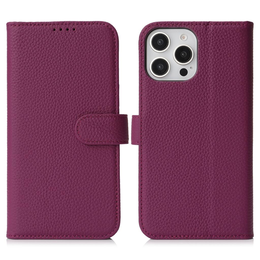 For iPhone 15 Pro Stand Case Litchi Texture Genuine Cow Leather Wallet Phone Cover RFID Blocking