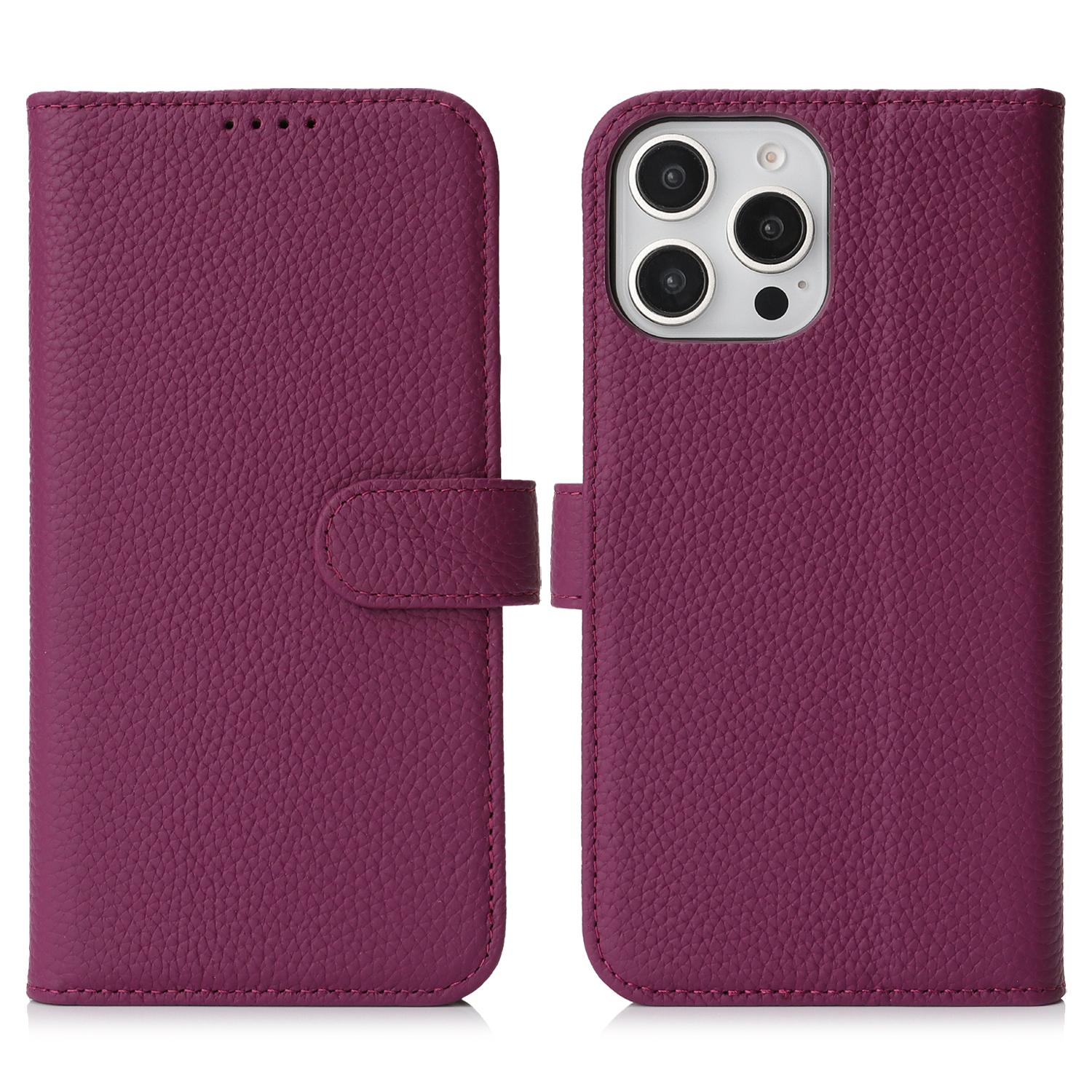 

For iPhone 15 Pro Stand Case Litchi Texture Genuine Cow Leather Wallet Phone Cover RFID Blocking D