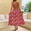Summer Vacation Dating Party Red Printed Suspender Dress