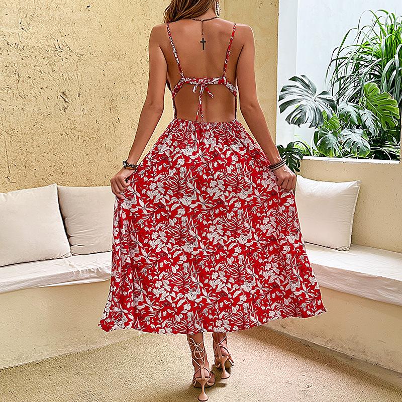 Summer Vacation Dating Party Red Printed Suspender Dress