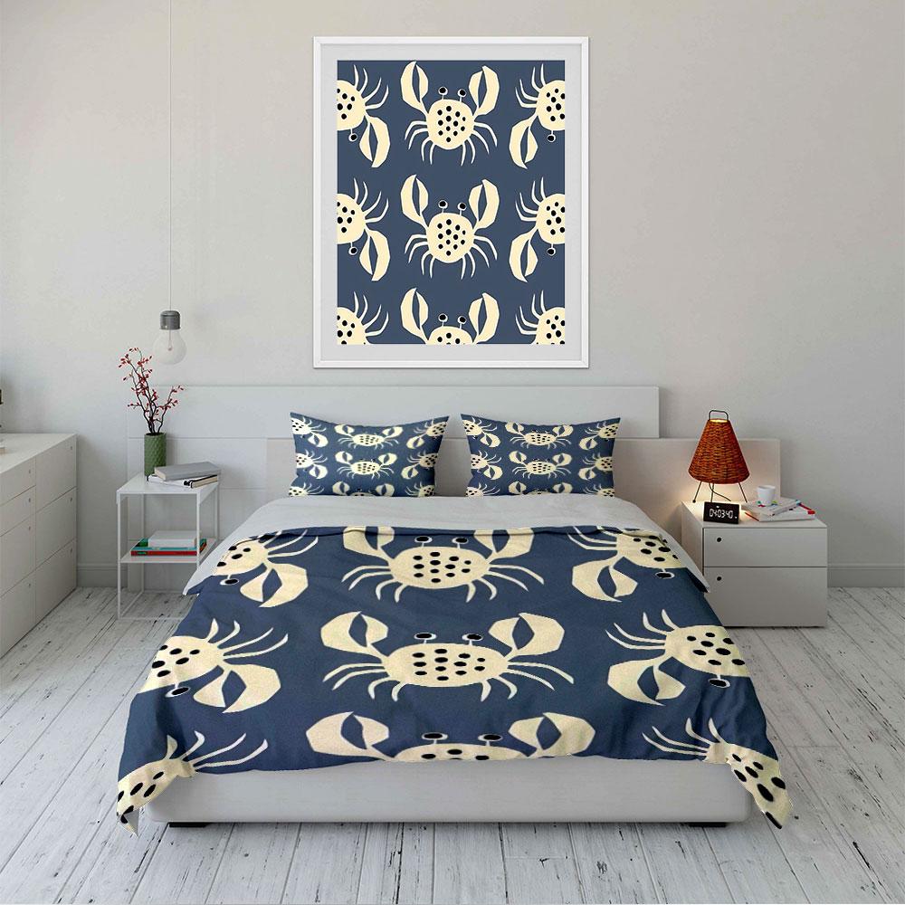 Crab Pattern Blue Background Bedding Duvet Cover Set Duvet Cover Pillowcases (1*Duvet Cover 2*Pillowcases, Without Duvet Insert)