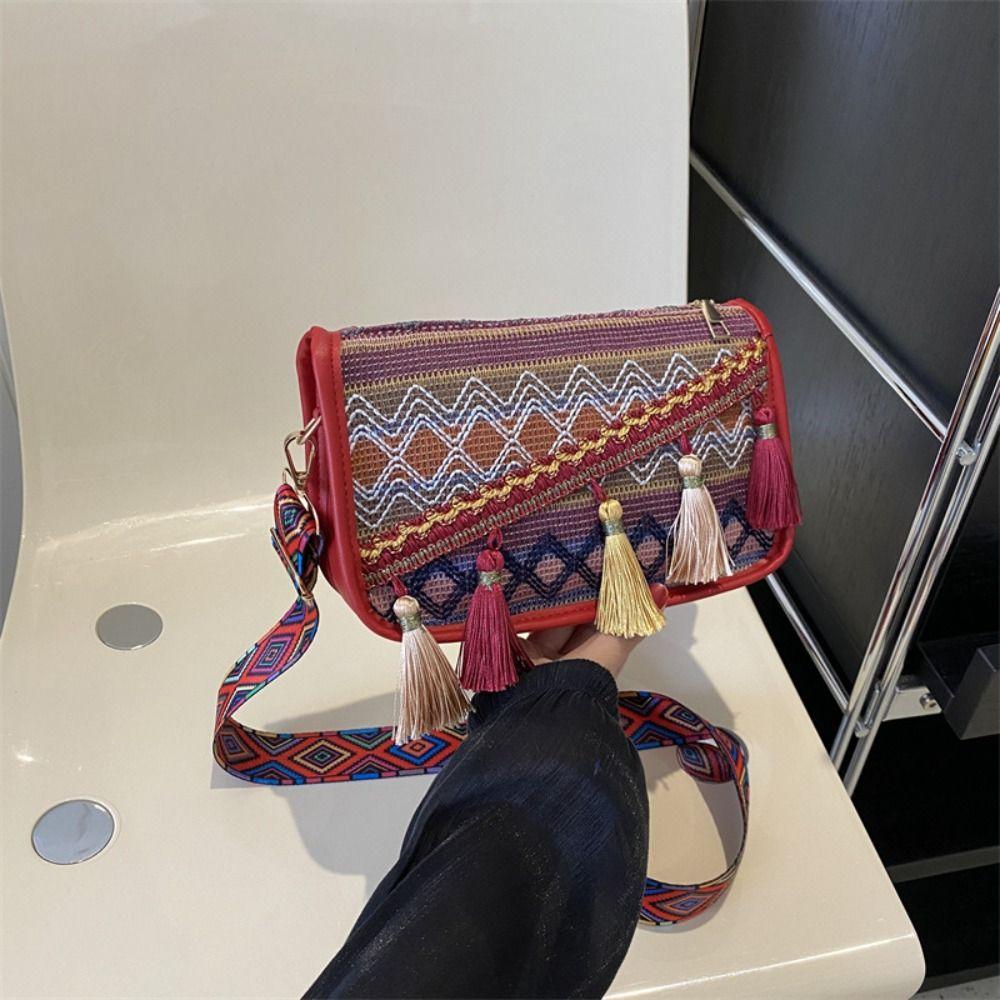 

Красочная сумка через плечо с бахромой, кисточками, в этническом стиле, сумка кроссбоди, богемная сумка через плечо, для улицы вино красного