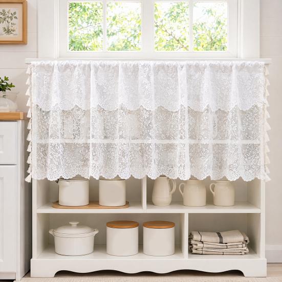 Cortina Media de Encaje, Cortina Transparente Floral Campestre Transpirable, Cortinas Estilo Nórdico Bloqueo de Polvo y Flujo de Aire, para Ventanas Medias de Cocina